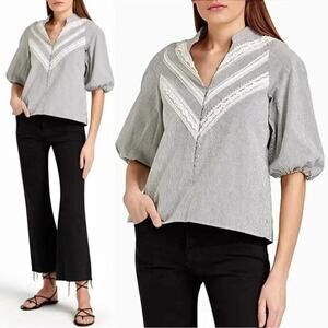 Maje Lalite Blouse Balloon Sleeve Lace Seersucker Stripe Top Women's Small